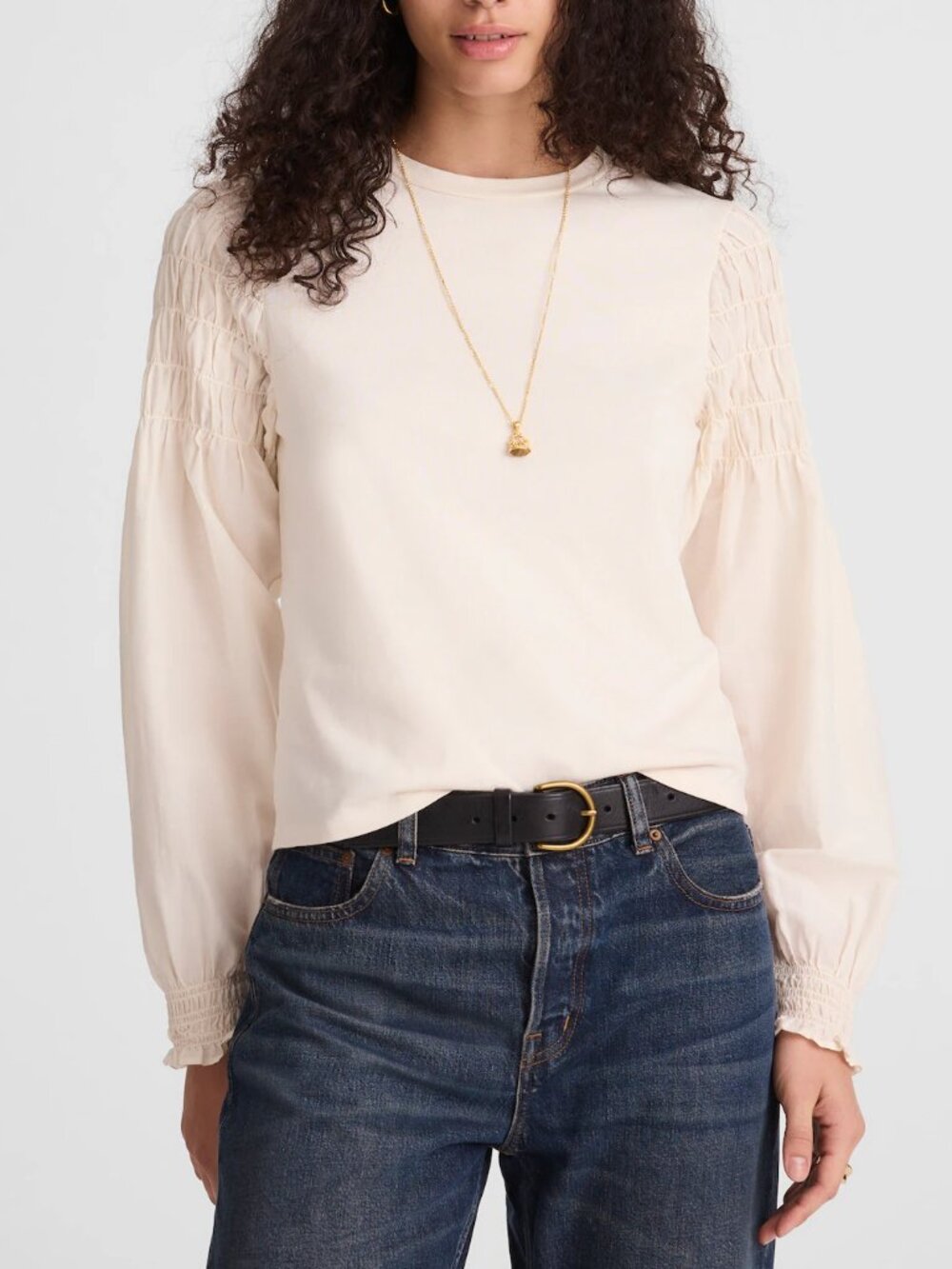 Madewell Smocked Elastic Cuff Long Sleeve Cotton Jersey Tee Cream Size XS